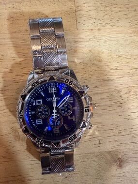 Geneva Silver Watch with Blue Sunburst Dial